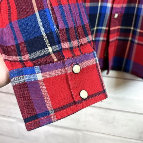 Lucky Brand Mens Medium Red Plaid Pearl Snap Button Front Western Shirt Size XL - Picture 7 of 13